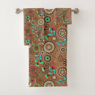 Ethnic folk abstract floral pattern retro brown bath towel set