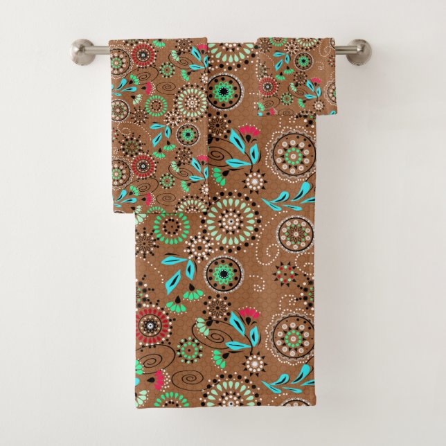 Ethnic folk abstract floral pattern retro brown bath towel set (Insitu)