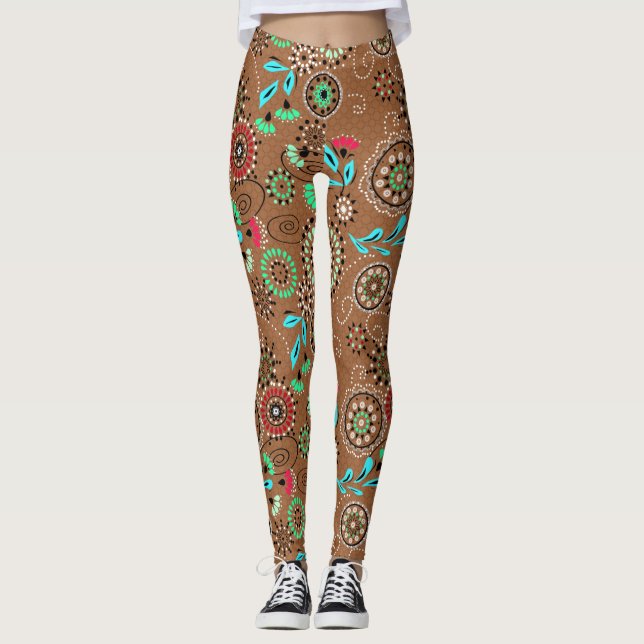 Ethnic folk abstract floral pattern retro brown leggings (Front)