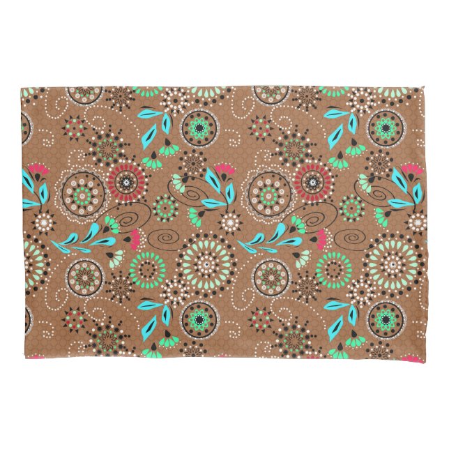 Ethnic folk abstract floral pattern retro brown pillowcase (Front)
