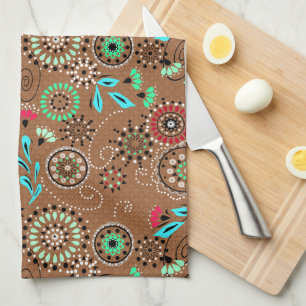 Ethnic folk abstract floral pattern retro brown tea towel