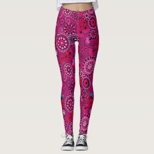 Ethnic folk abstract floral pattern retro crimson leggings