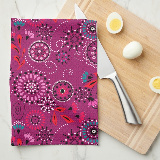 Ethnic folk abstract floral pattern retro crimson  tea towel (Quarter Fold)