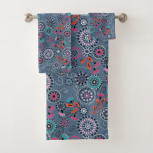 Ethnic folk abstract floral pattern retro grey blu bath towel set