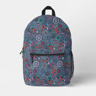 Ethnic folk abstract floral pattern retro grey blu printed backpack