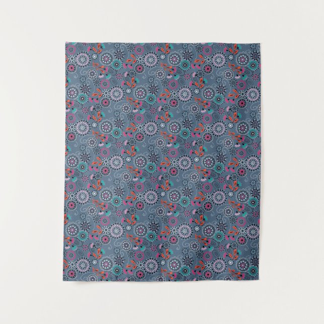 Ethnic folk abstract floral pattern retro grey blu tapestry (Front)