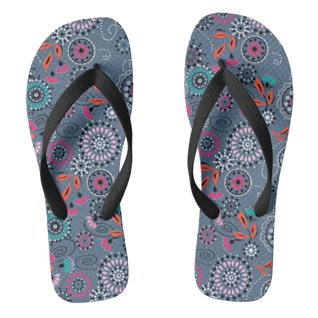 Ethnic folk abstract floral pattern retro grey blu thongs (Footbed)