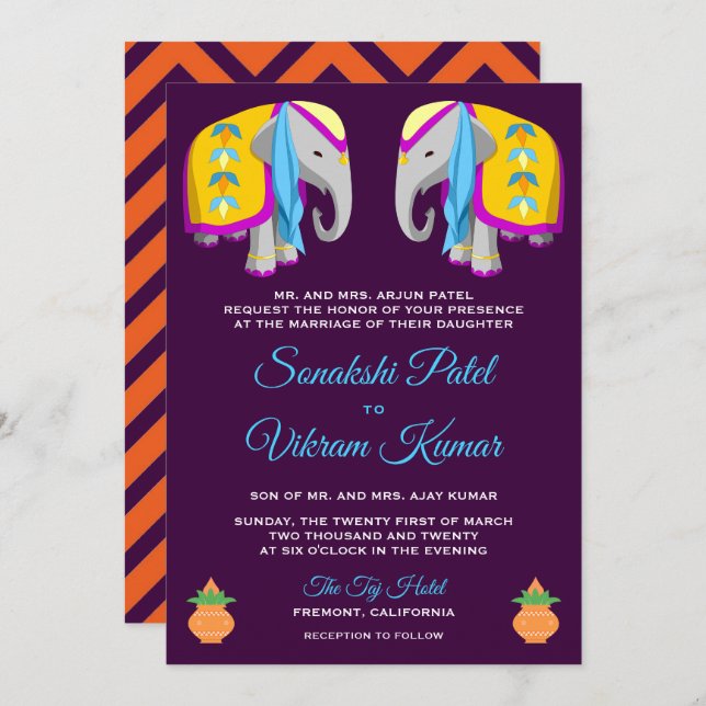 Ethnic Folk Art Elephant Indian Wedding Invitation (Front/Back)