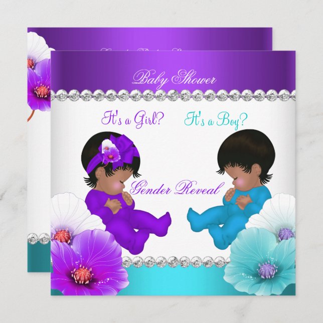 Ethnic Gender Reveal Baby Shower Purple Teal Blue Invitation (Front/Back)