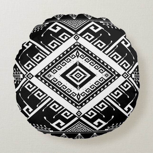Ethnic geometric Indian border, abstract. Round Cushion (Front)