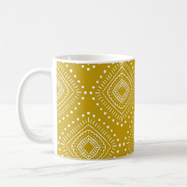 Ethnic geometric pattern: golden yellow, white coffee mug (Left)
