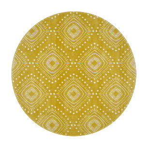 Ethnic geometric pattern: golden yellow, white cutting board