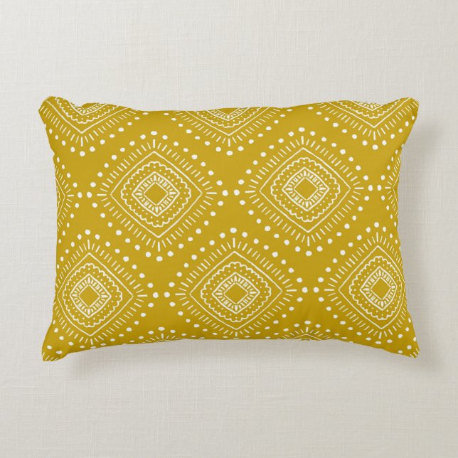 Ethnic geometric pattern: golden yellow, white decorative cushion (Front)