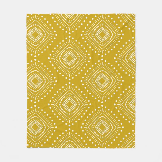 Ethnic geometric pattern: golden yellow, white fleece blanket (Front)