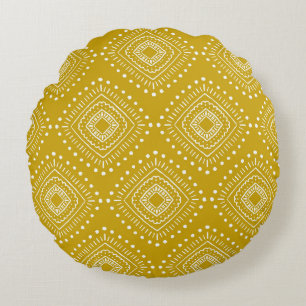 Ethnic geometric pattern: golden yellow, white round cushion