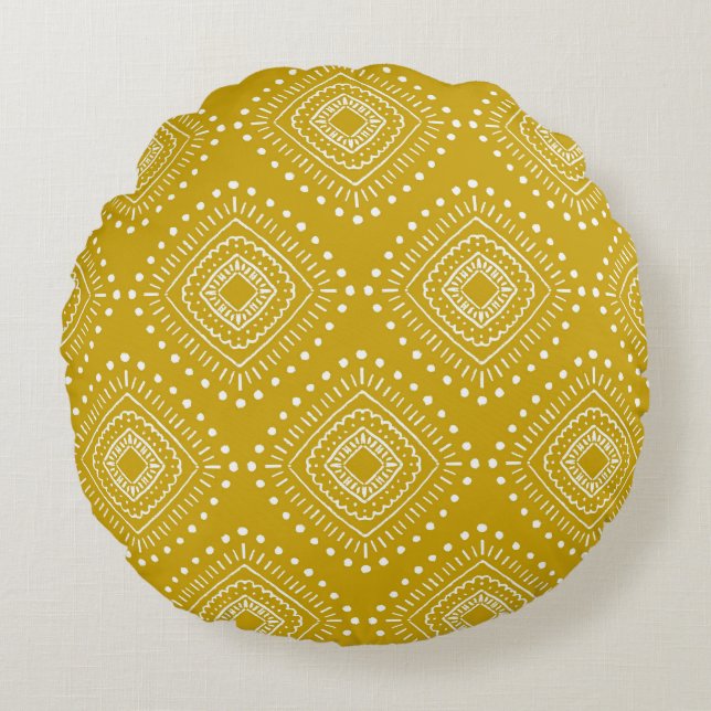 Ethnic geometric pattern: golden yellow, white round cushion (Front)