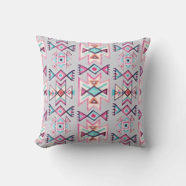 Ethnic geometric, watercolor tribal pattern. cushion (Front)