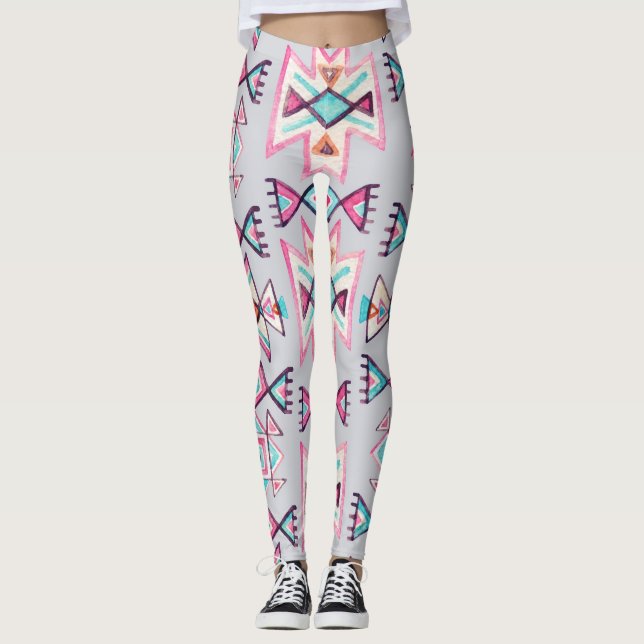 Ethnic geometric, watercolor tribal pattern. leggings (Front)