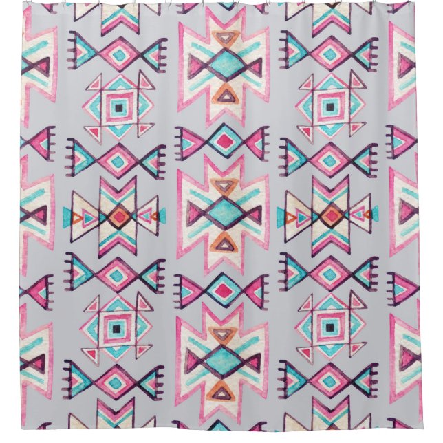 Ethnic geometric, watercolor tribal pattern. shower curtain (Front)
