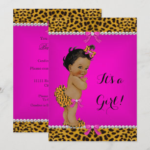 Ethnic Girl Baby Shower Leopard Hot Pink Invitation