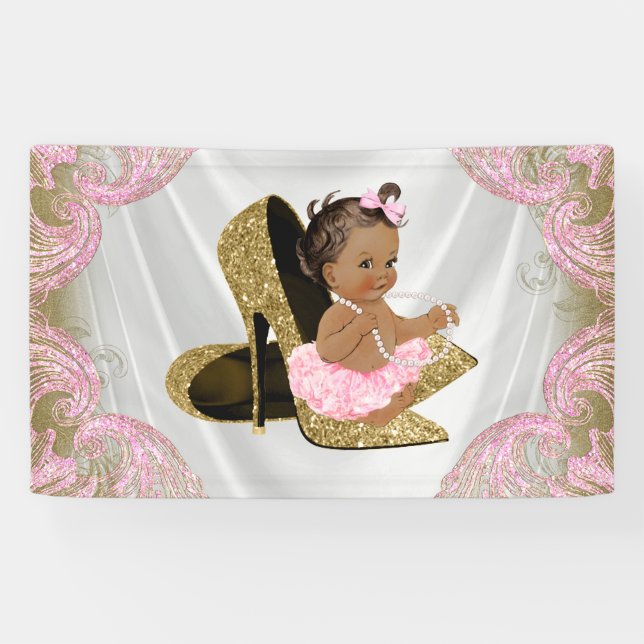 Ethnic Girl Gold High Heel Shoe Baby Shower Banner (Horizontal)