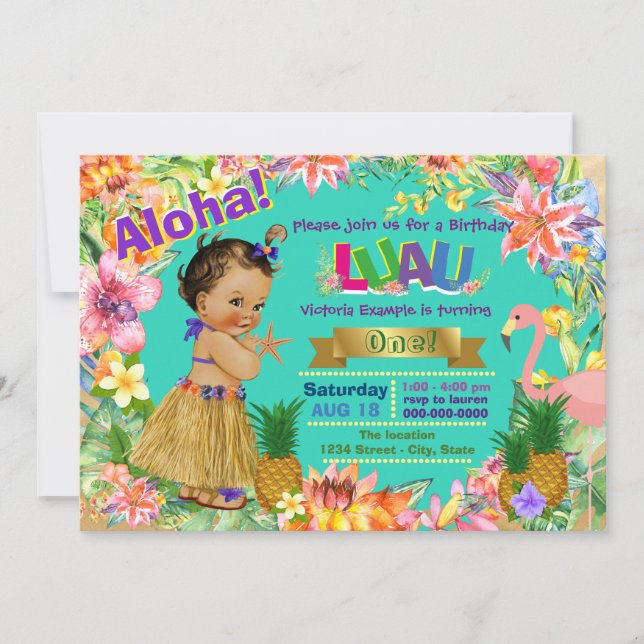Ethnic Girl Hawaiian Luau Birthday Party Invitation (Front)