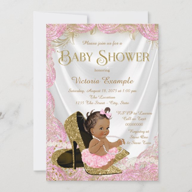 Ethnic Girl High Heel Shoe Pink Gold Baby Shower Invitation (Front)