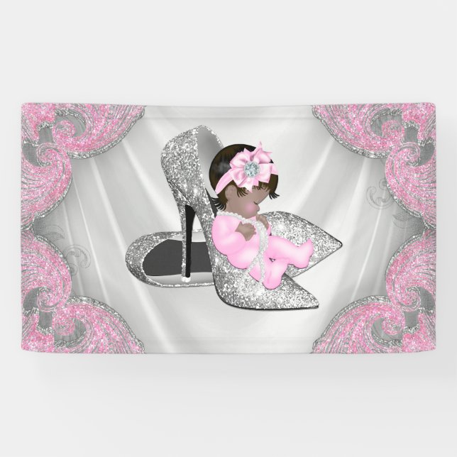 Ethnic Girl Pink Silver High Heel Shoe Baby Shower Banner (Horizontal)