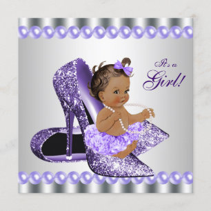 Ethnic Girl Purple Grey High Heel Shoe Baby Shower Invitation
