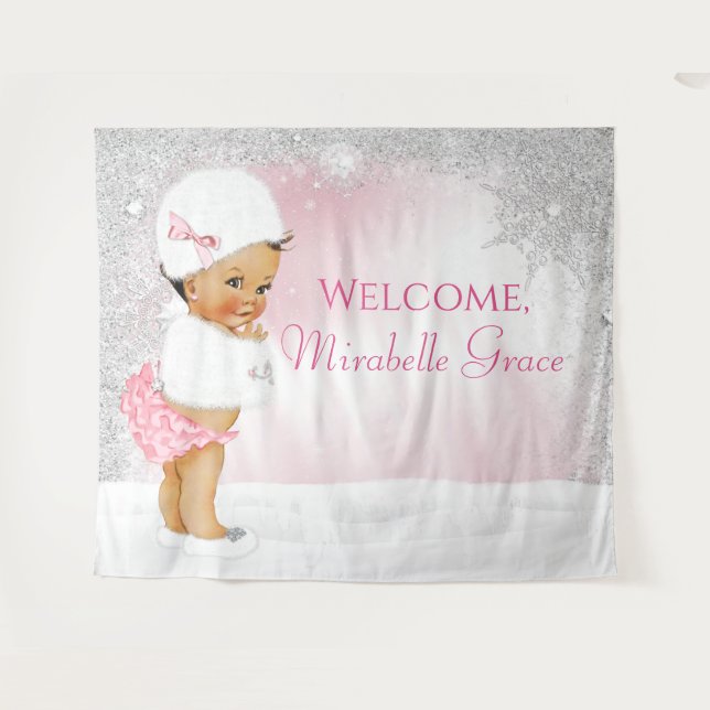 Ethnic Girl Winter Wonderland Baby Shower Backdrop Tapestry (Front (Horizontal))