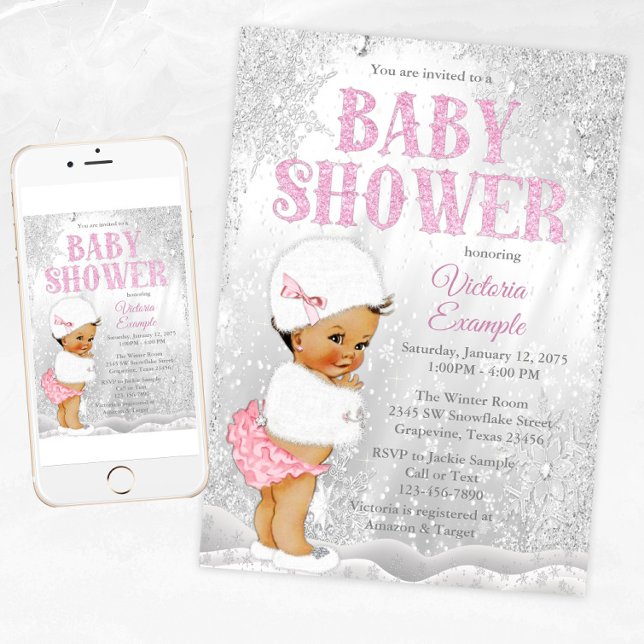 Ethnic Girl Winter Wonderland Baby Shower Invitation (Snowflake baby shower invitation with cute baby girl on a silver snowflake background.)