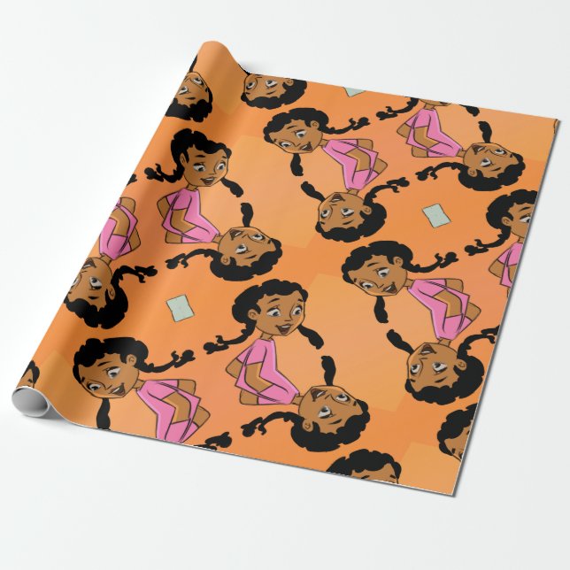 Ethnic Girl with Braids Cartoon Wrapping Paper (Unrolled)