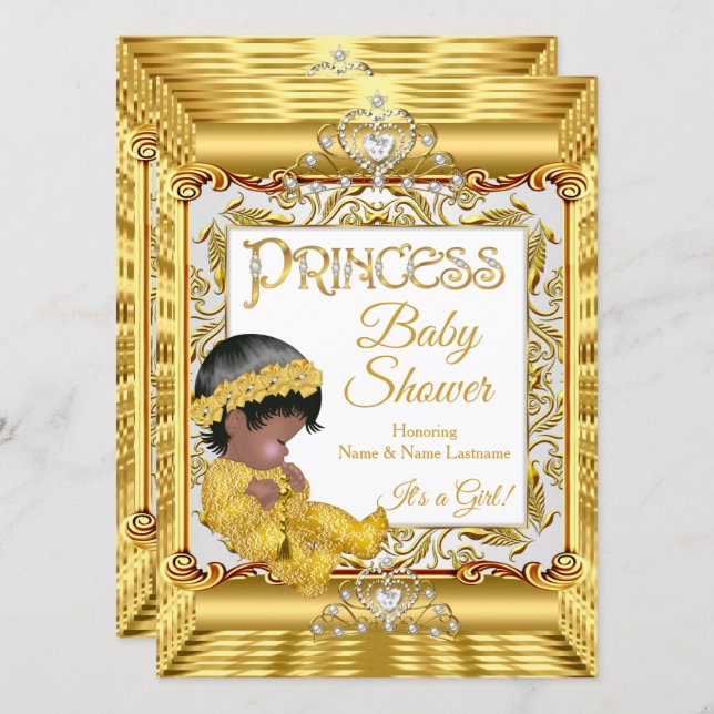 Ethnic Golden Princess Girl Baby Shower Gold Invitation (Front/Back)