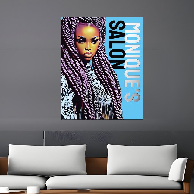 Ethnic Hair Salon Wall Sign, Long Braids Silver Foil Prints (Ethnic hair salon business poster with metallic foil accent)