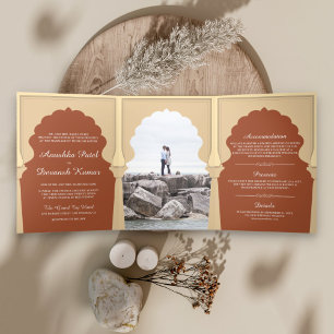 Ethnic Indian Ivory Arch Orange Terracotta Wedding Tri-Fold Invitation