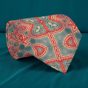 Ethnic Indian Ornate Boho Red And Teal Pattern Tie