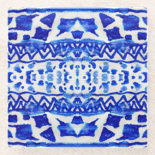 Ethnic Indigo Arrow Native Patterns Glass Coaster (Front)
