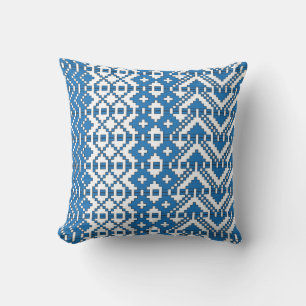 Ethnic Latvian blue and white folk art pattern Cushion
