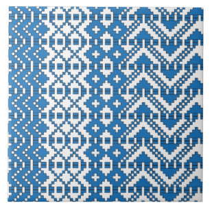 Ethnic Latvian blue and white folk art pattern Tile
