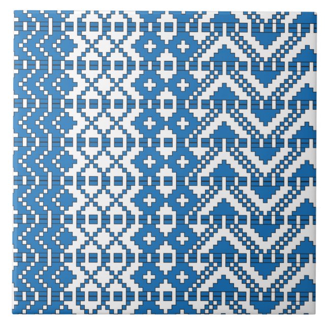 Ethnic Latvian blue and white folk art pattern Tile (Front)