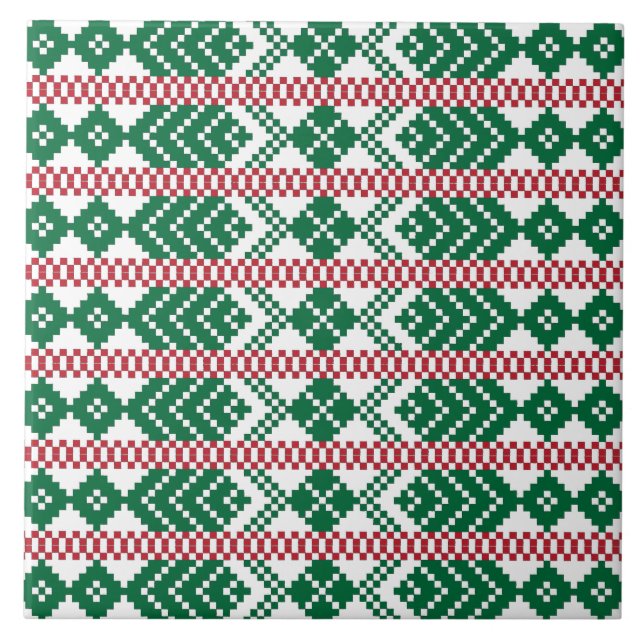 Ethnic Latvian green and red tribal pattern Tile (Front)