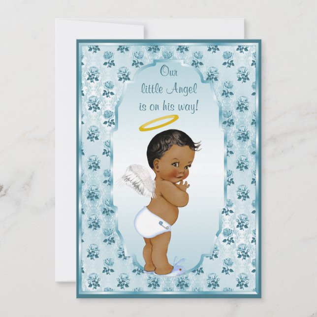 Ethnic Little Boy Angel Blue Roses Baby Shower Invitation (Front)