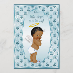 Ethnic Little Boy Angel Blue Roses Baby Shower Invitation