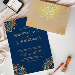 Ethnic Mandala Blue Indian Wedding Gold Foil Card