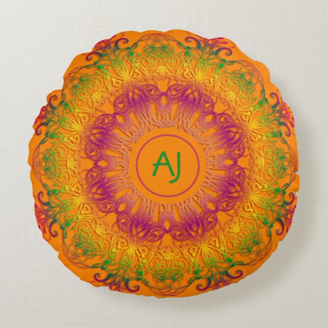 Ethnic Mandala Monogram.Orange background. Round P Cushion (Front)