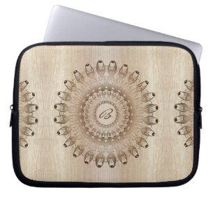 Ethnic mandala on wood background. Monogram. Laptop Sleeve