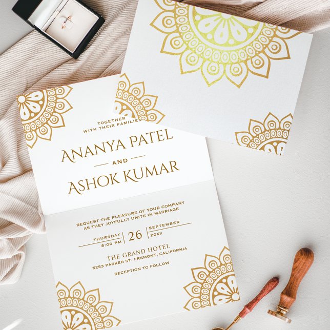 Ethnic Mandala White Indian Wedding Gold Foil Card (Creator Uploaded)