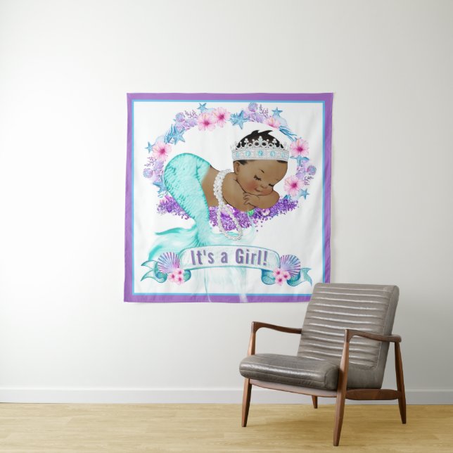 Ethnic Mermaid Baby Shower Backdrop Banner Tapestry (In Situ)
