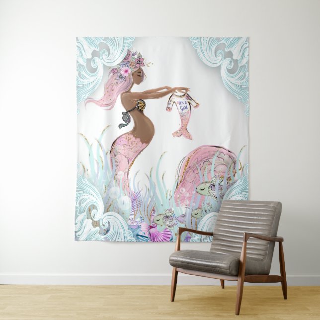 Ethnic Mermaid Mum Baby Shower Backdrop Banners Tapestry (In Situ)