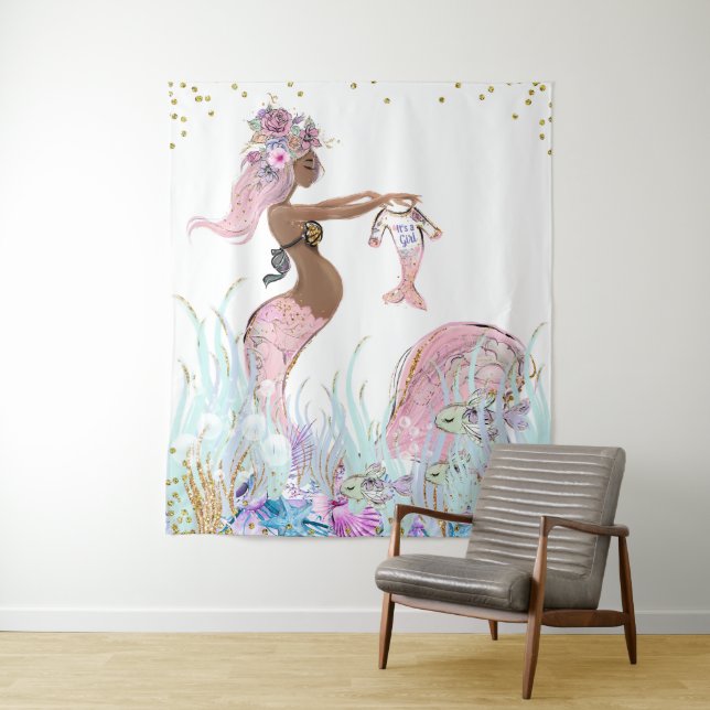 Ethnic Mermaid Mum Baby Shower Banner Backrop Tapestry (In Situ)